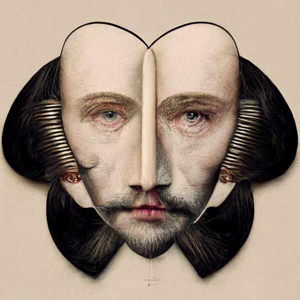 photo collage of Shakespeare, generated by Midjourney AI
