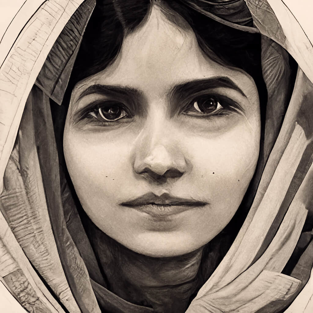 Black and white drawing of Malala Yousafzai, drawn by an AI art tool