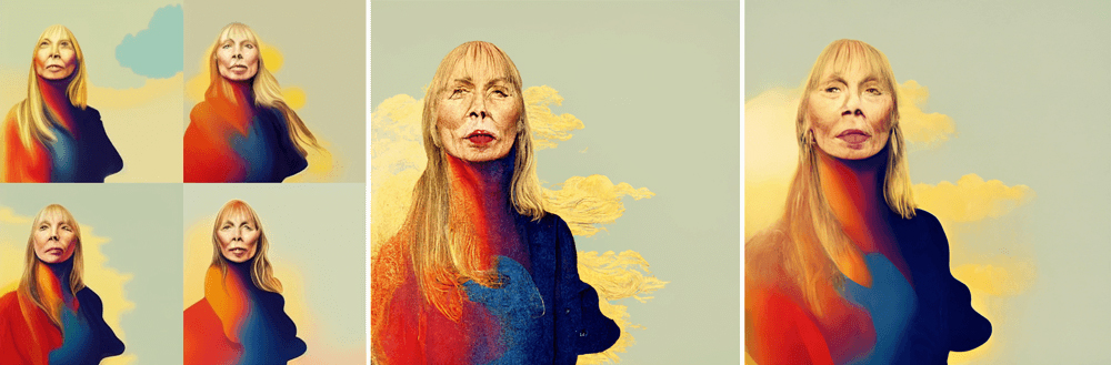 Different variations of output depicting Joni Mitchell, generated by Midjourney’s AI tool