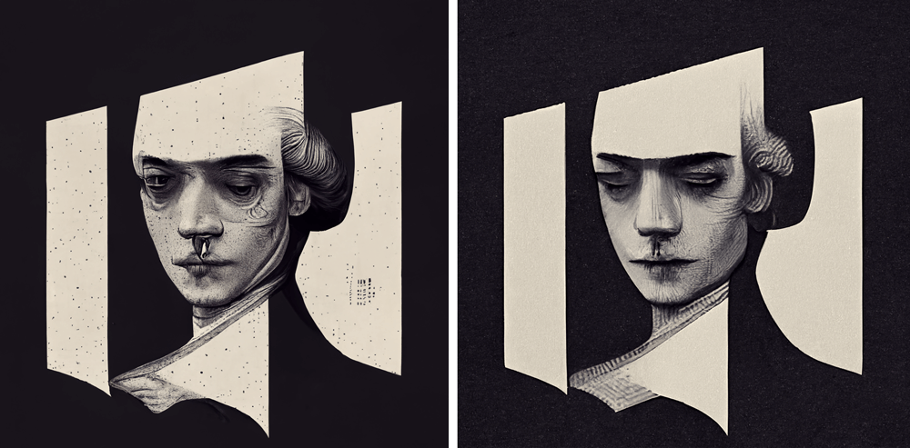 two examples of portraits of a young Mozart created with a ballpoint pen, as envisioned by Midjourney