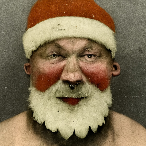 A mugshot of Santa Claus from 1930, created with Midjourney
