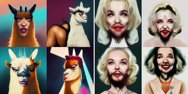 Rihanna + Llama output and Marilyn Monroe + Charlie Manson art output from Midjourney AI